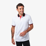Polo Blanca con Rayas y Detalles Rojos y Negros