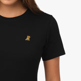 Camiseta Negra Manga Corta Cuello Redondo Logo Dorado para Mujer